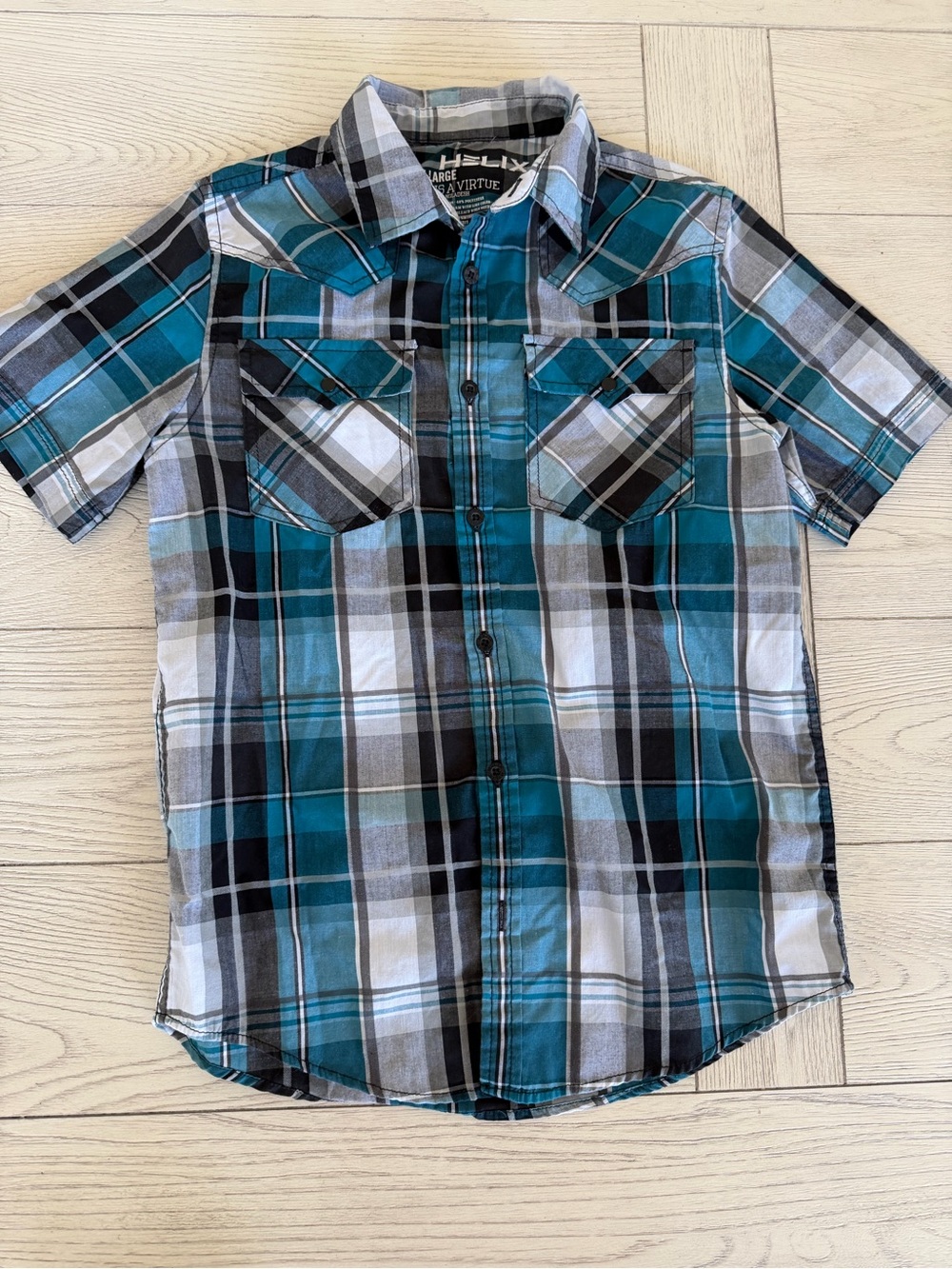 Helix Teal and Gray Plaid Short-Sleeve Button-Down Shirt